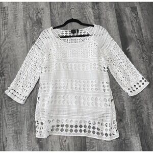 Rafaella White Crochet Lace Tunic Top Womens XL Cotton 3/4 Sleeve
